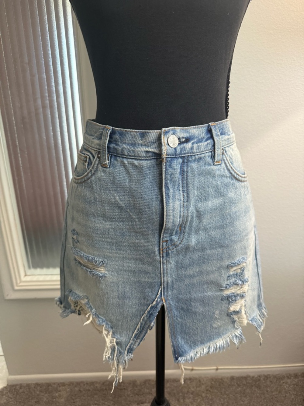 Free People Light Blue Distressed Denim Mini Skirt 28